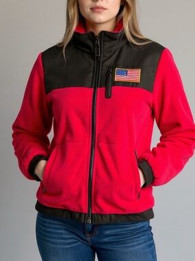 Polartec Women’s Pink Gray Fleece Jacket Size Med 3 Zip Pockets USA Flag Patch